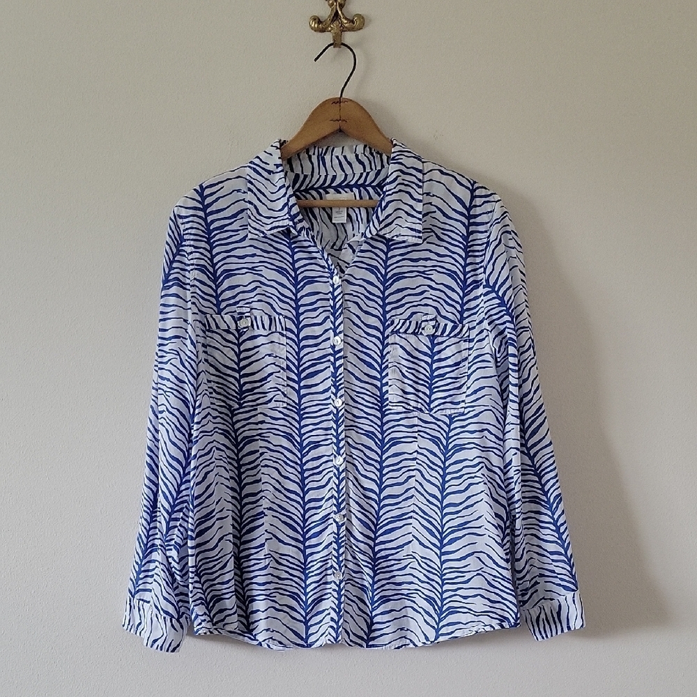 Chico's Blue White Zebra Stripe Long‎ Sleeve Button Down Cotton Shirt Size XL